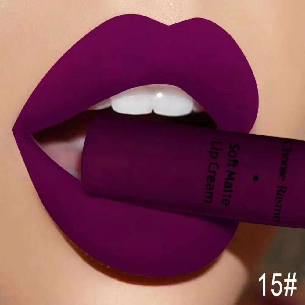 Lip Gloss Mat Catifelat – Ruj Lichid Rezistent la Apă, Nuanțe Roșu & Nude