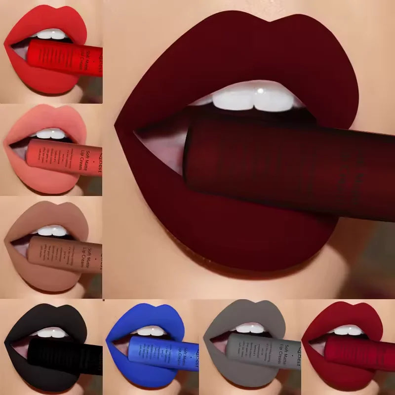 Lip Gloss Mat Catifelat – Ruj Lichid Rezistent la Apă, Nuanțe Roșu & Nude