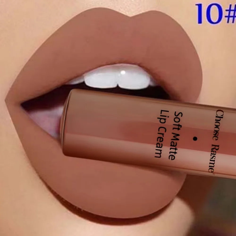 Lip Gloss Mat Catifelat – Ruj Lichid Rezistent la Apă, Nuanțe Roșu & Nude