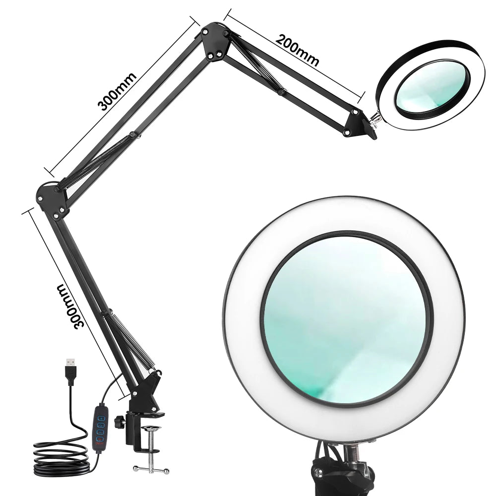 Triple Fold 8X/10X Illuminated Magnifier USB 3 Colors LED Magnifying Glass for Soldering Iron Repair/Table Lamp/Skincare Beauty