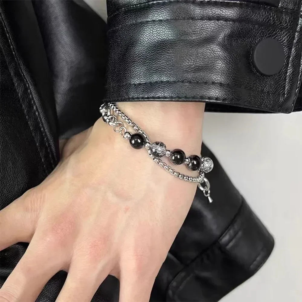 Brățară Neagră Retro – Lanț Dublu Inox, Unisex